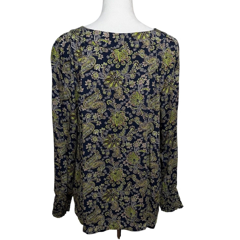 J. Jill Top Womens Large Green Blue Paisley Smocked Cuff Pullover Long Sleeve - Picture 3 of 9